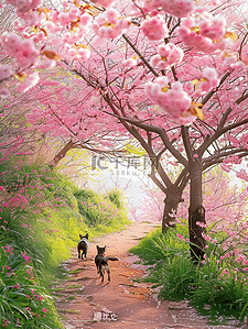 夏天风景唯美樱花树手绘插画海报