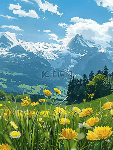 白色风景插画图片_夏季风景山坡盛开花朵油画海报图片