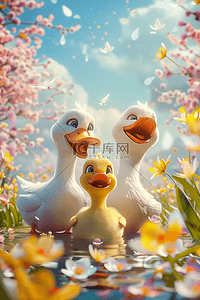 春天插画图片_鲜花3d手绘夏日鸭子插画海报