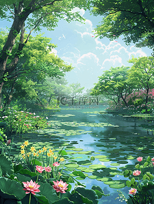花树插画图片_池塘盛开的花树林夏天手绘插画海报