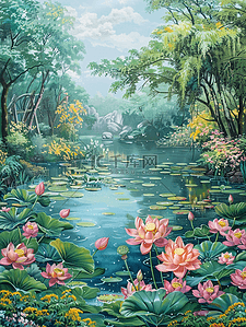 花树插画图片_夏天池塘盛开的花树林手绘插画海报