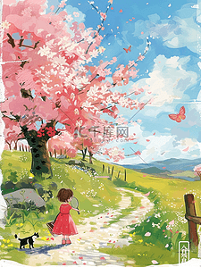夏季海报唯美樱花树孩子玩耍手绘插画