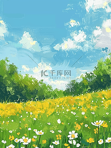 白色风景插画图片_唯美风景花海手绘夏季插画海报