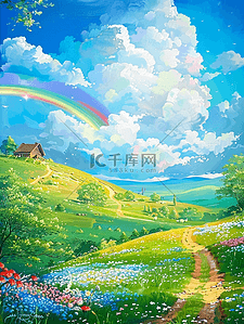 纸尿裤直通车插画图片_夏季风景唯美插画手绘海报