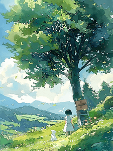 夏季出游山坡大树女孩插画手绘