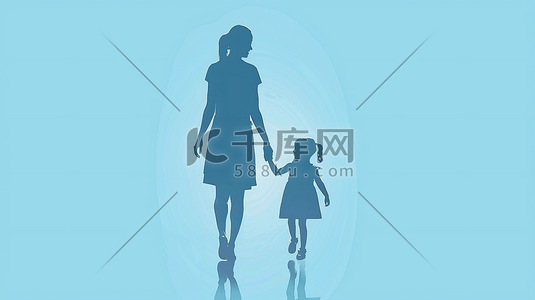 剪影母亲节海报插画图片_牵着女儿的手的母亲背影37