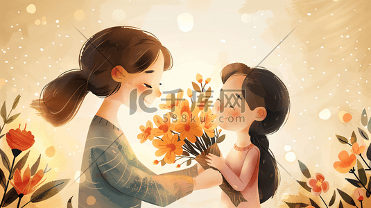 花束妈妈插画图片_母亲节送妈妈鲜花的女儿8