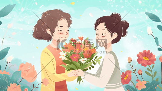 花束妈妈插画图片_母亲节送妈妈鲜花的女儿11