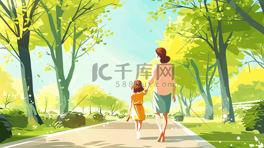 孩子气象插画图片_妈妈和孩子在公园散步4