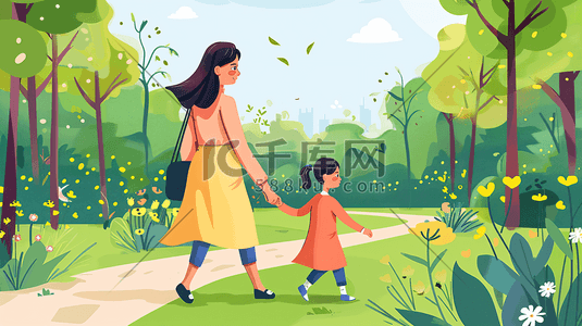 柚柚育儿插画图片_妈妈和孩子在公园散步14