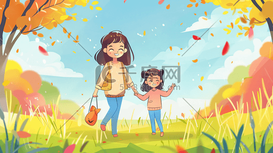 柚柚育儿插画图片_妈妈和孩子在公园散步5