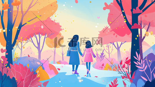 柚柚育儿插画图片_妈妈和孩子在公园散步15