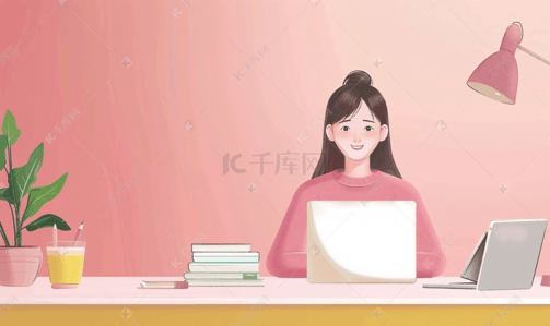 冬至教育插画图片_网课女生在家学习作业在线教育