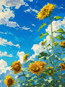 蓝色花花瓣插画图片_蓝色天空下的向日葵