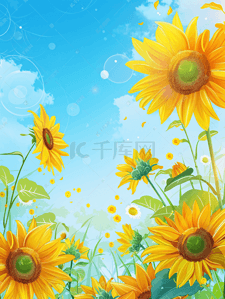 蓝色花花瓣插画图片_蓝色天空下的向日葵