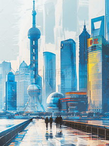 上海环球金融中心插画图片_上海陆家嘴金融建筑画报感