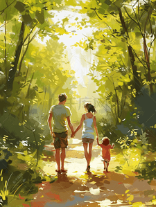 家庭父母成长插画图片_一家人公园散步