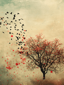 简约抽象背景插画图片_意境中的树与飞鸟