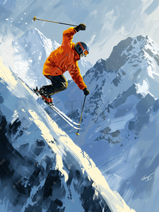 户外设备插画图片_男子滑雪运动员在山上半空