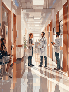 国际环境插画图片_医生护士与病人走廊交谈