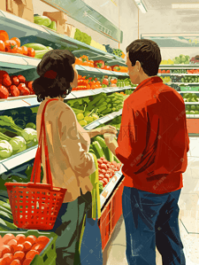 超市买菜插画图片_中年夫妇超市选购蔬菜