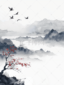 苏宁818背景插画图片_水墨中国风的山水田园风光