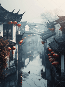 苏宁818背景插画图片_充满中国风的江南水乡雾气景色