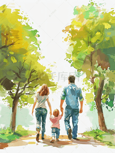 陪伴父母插画图片_父母带孩子在小区里散步