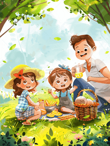 野餐人物插画图片_家庭欢乐野餐