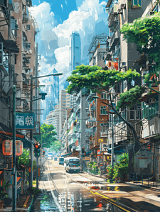 香港火神山插画图片_香港街景宽广