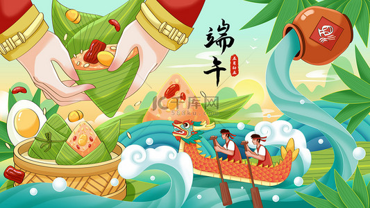 划龙舟迎端午插画图片_中国风端午节包粽子赛龙舟素材