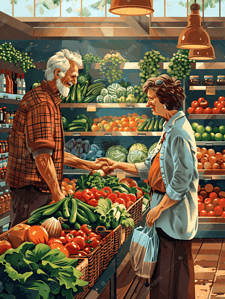 丈夫妻子插画图片_中年夫妇超市选购蔬菜