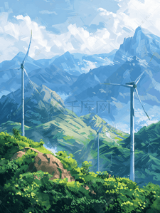 储能技术插画图片_风力发电山脉新能源