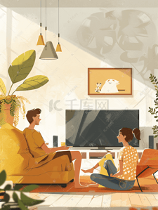 温馨客厅沙发插画图片_情侣在客厅沙发放松休闲看电视