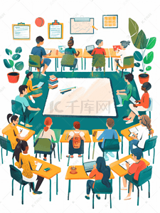 在教室学习的学生插画图片_在上课培训的老师和学生