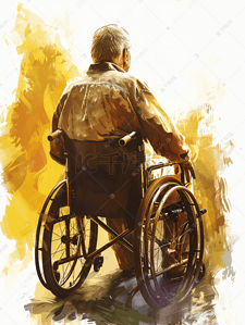 轮椅拐杖插画图片_残障男士在轮椅上
