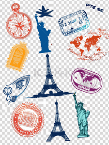 印戳盖章插画图片_国外留学出国签证visa盖章