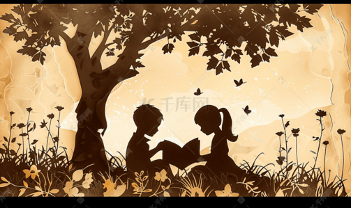 树下的人插画图片_剪纸的孩子读一本书下树上老书