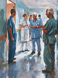 黑暗走廊插画图片_医生护士与病人走廊交谈
