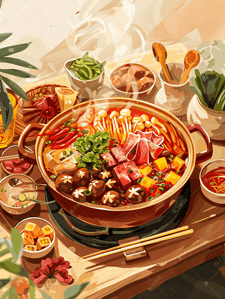 底料蘸料插画图片_中国特色美食火锅