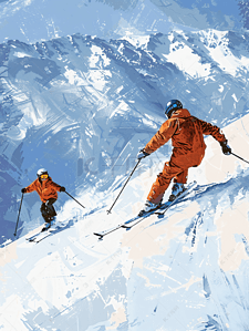 斜坡插画图片_滑雪者下坡冬天