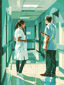 交流竖图插画图片_医生护士在走廊上交流