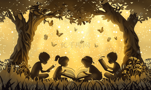 说话图框插画图片_剪纸的孩子读一本书下树上老书