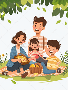 儿童摄影海报展架插画图片_亚洲人快乐的一家人在郊外野炊