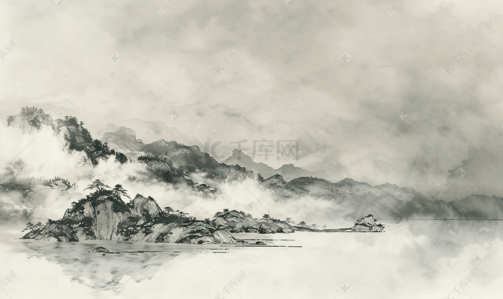 春节早安插画图片_水墨风格的云海雾景