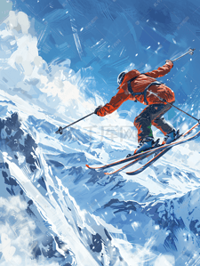 奥尔良口味插画图片_男子滑雪运动员在山上半空
