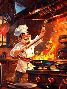 火焰大火插画图片_正在炒菜的厨师插画2