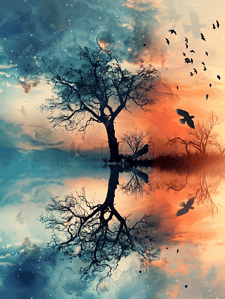 纯色背景小清新插画图片_意境中的树与飞鸟