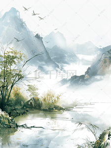 中国风白色水墨插画图片_水墨中国风的山水田园风光