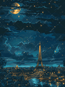 法国斗牛犬插画图片_法国巴黎埃菲尔铁塔夜景